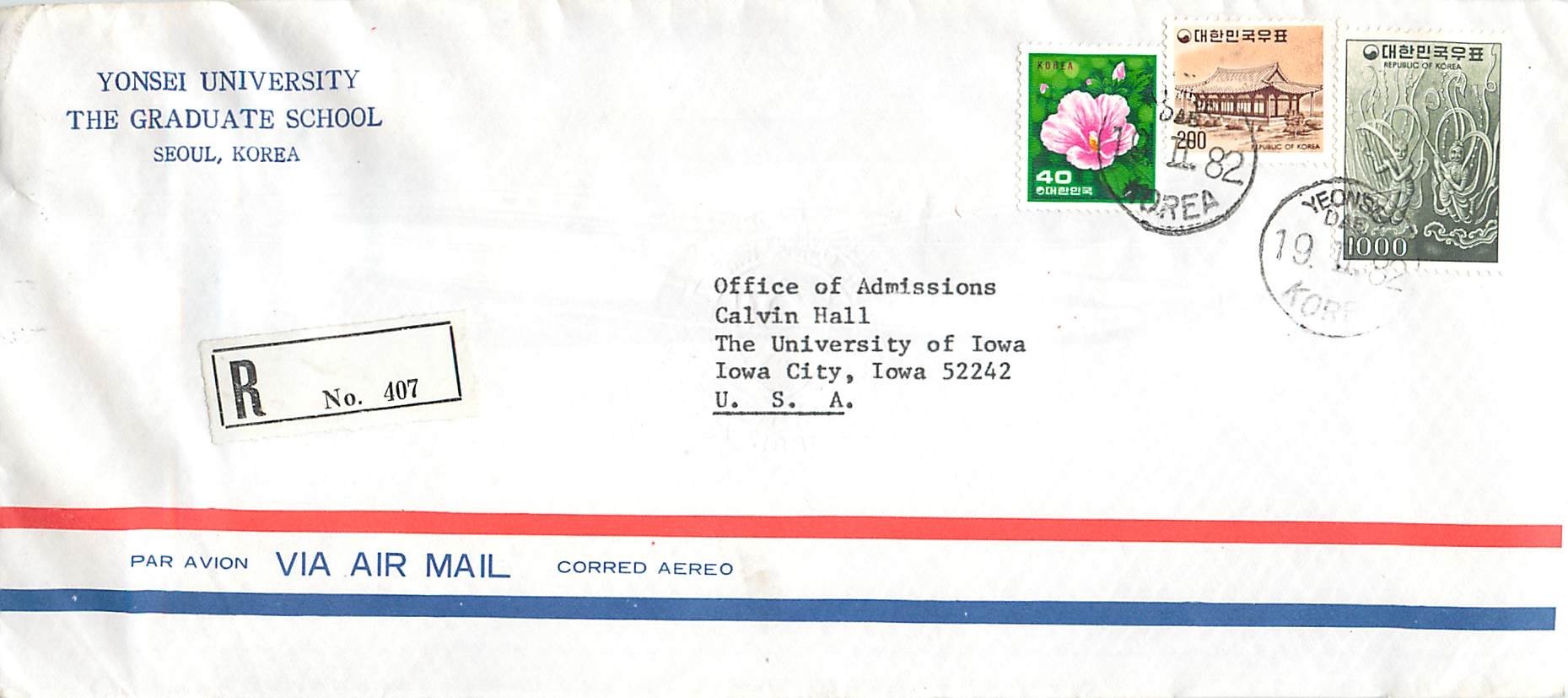 Lettre Cover Coree University Iowa City Yonsei