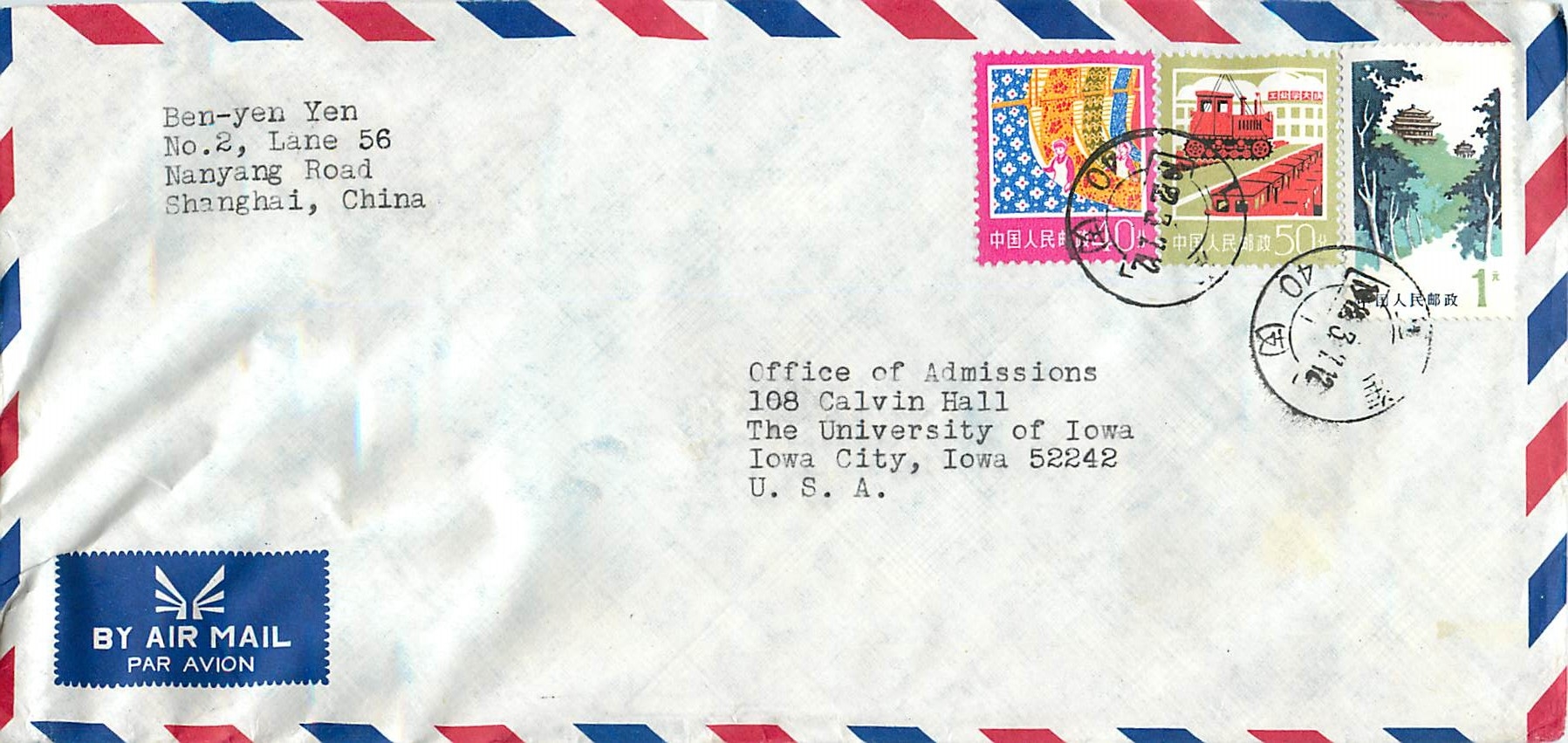 Lettre Cover Chine China University Iowa City Shanghai