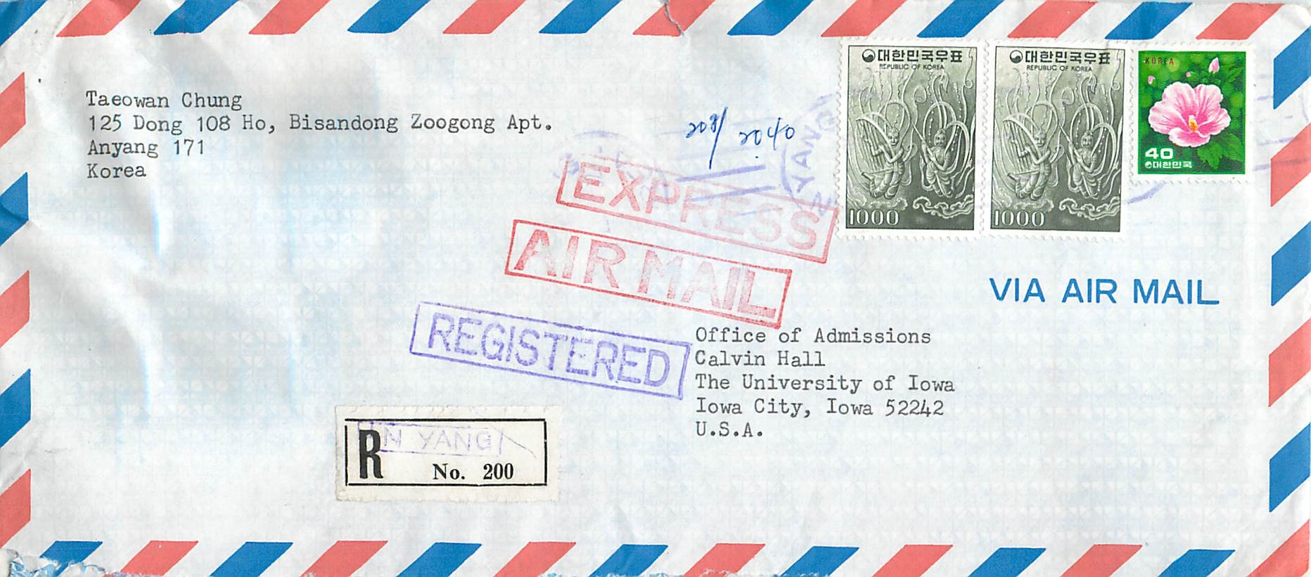 Lettre Cover Coree University Iowa City Anyang