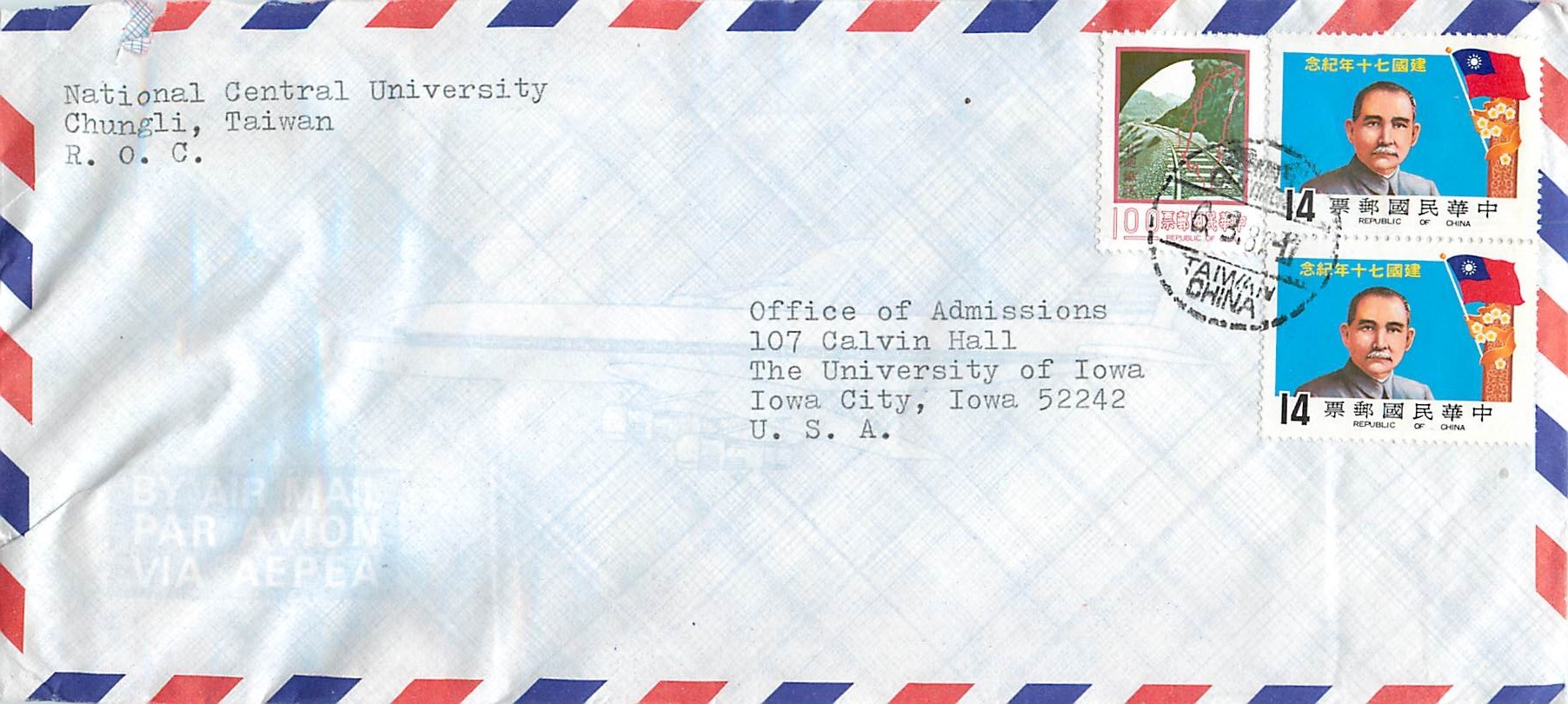 Lettre Cover Chine China University Iowa City Chungli