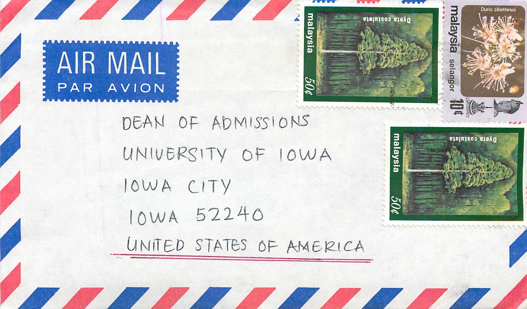 Lettre Cover Malaisie  University Iowa City 