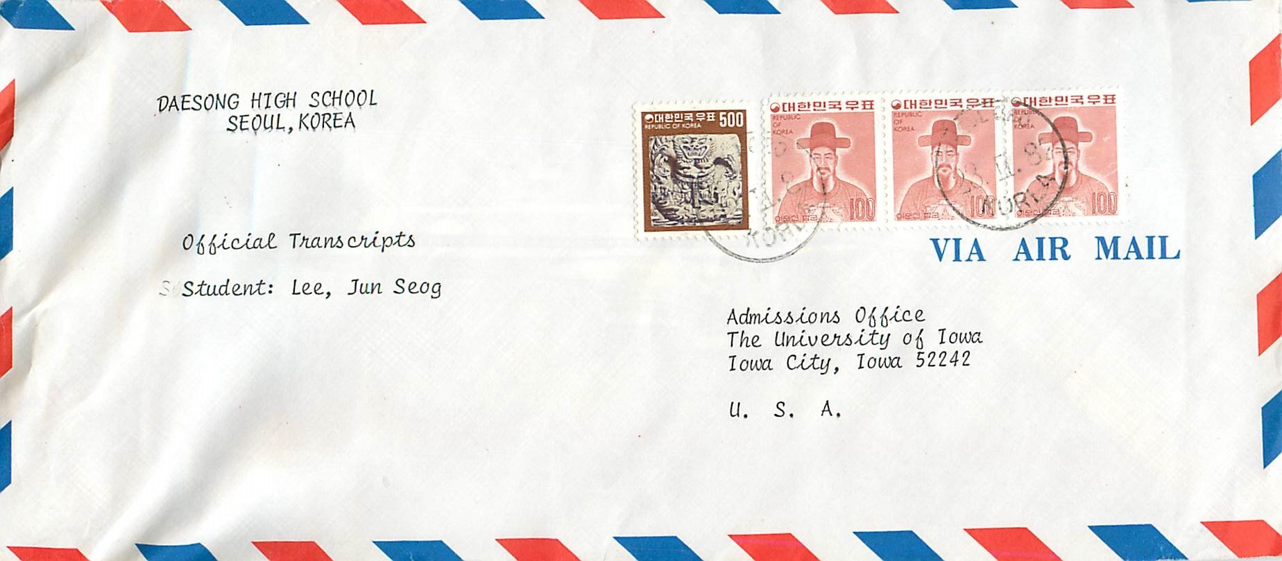 Lettre Cover Coree University Iowa Daesong