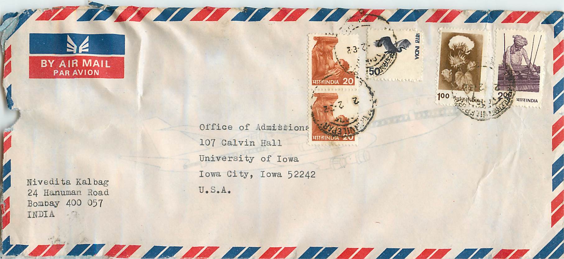 Bombay — Iowa City — Enveloppe aérienne indienne vers 1960