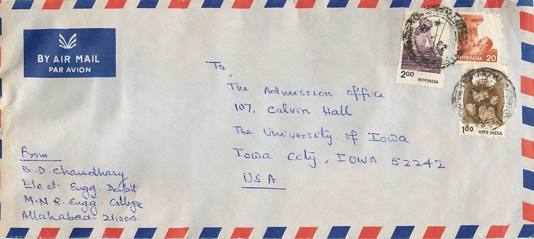 Lettre Cover Inde India University Iowa 