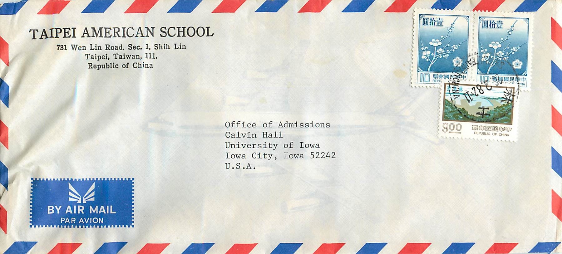 Lettre Cover Chine China University Iowa Taipei American School