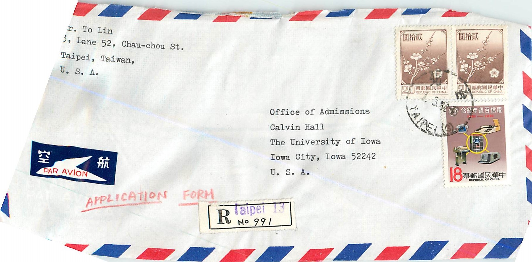 Lettre Cover Chine China University Iowa Taipei