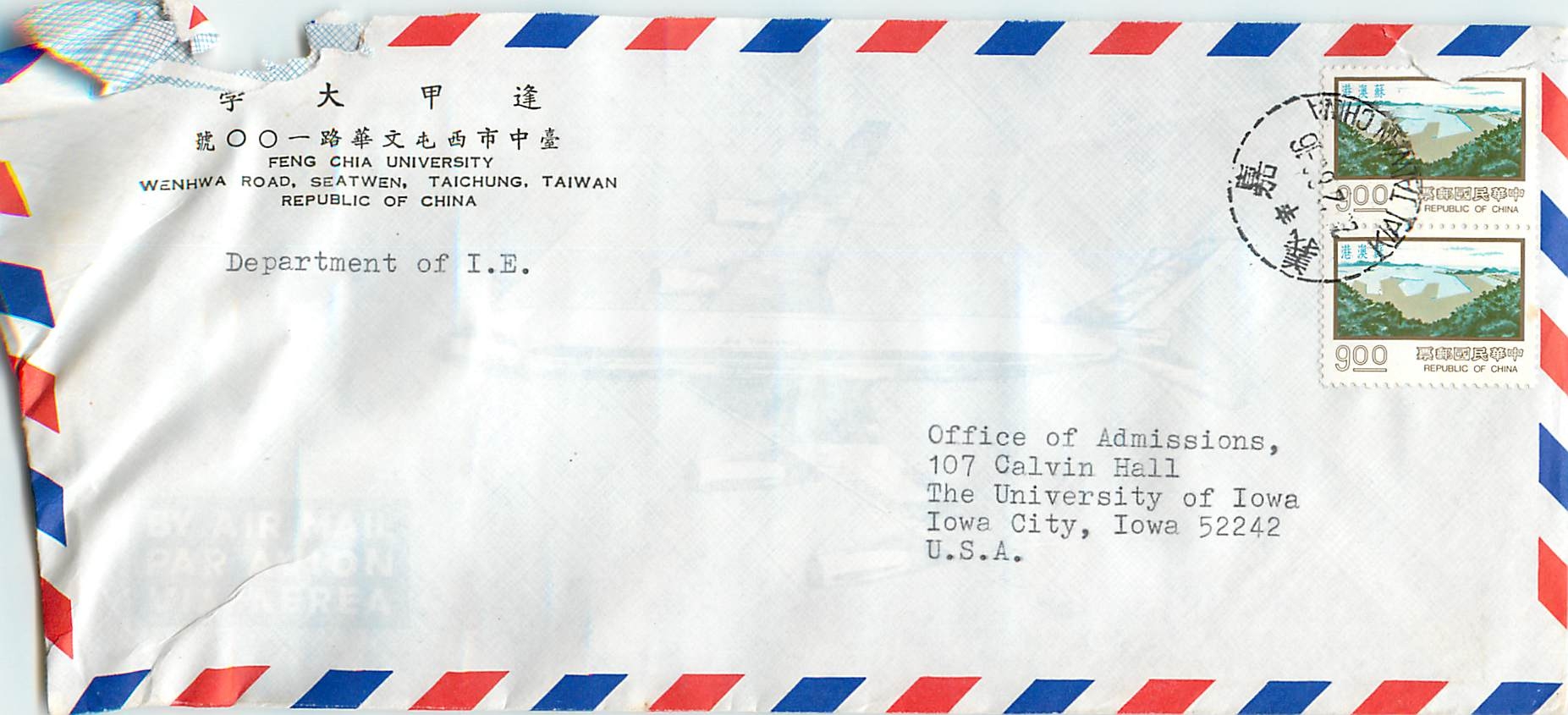 Lettre Cover Chine China University Iowa Tunghai