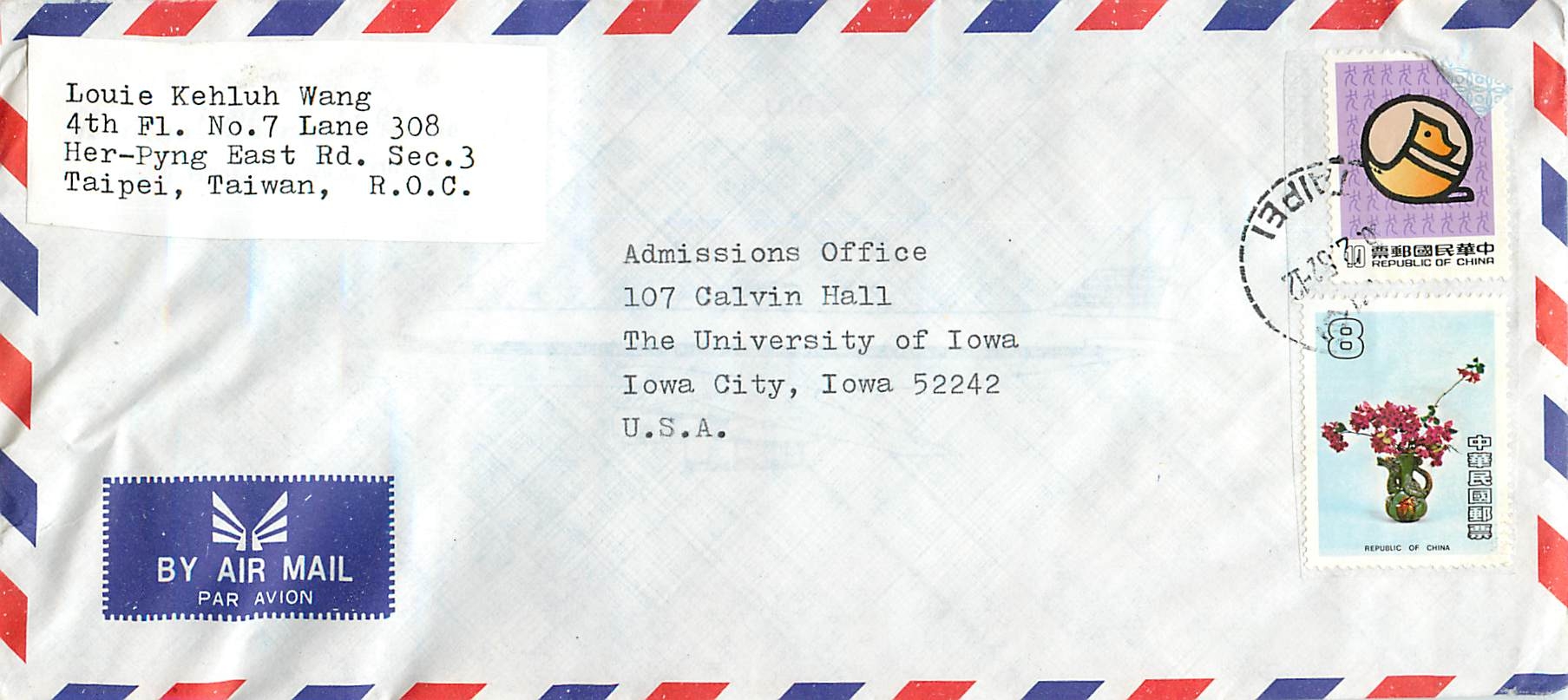 Taipei, Taiwan — Air Mail to the University of Iowa — Stamps of the Republic of China