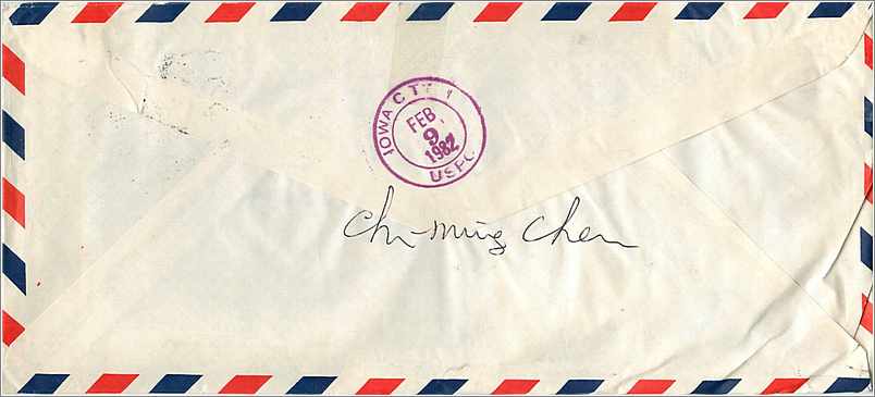 Lettre Cover Chine China University Iowa Taipei — Rückseite