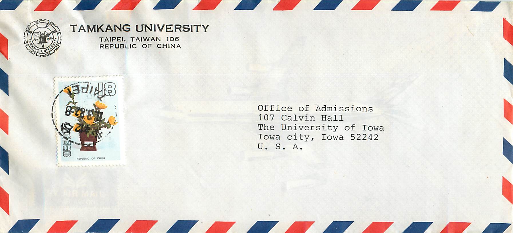 Lettre Cover Chine China University Iowa Cheng Kung