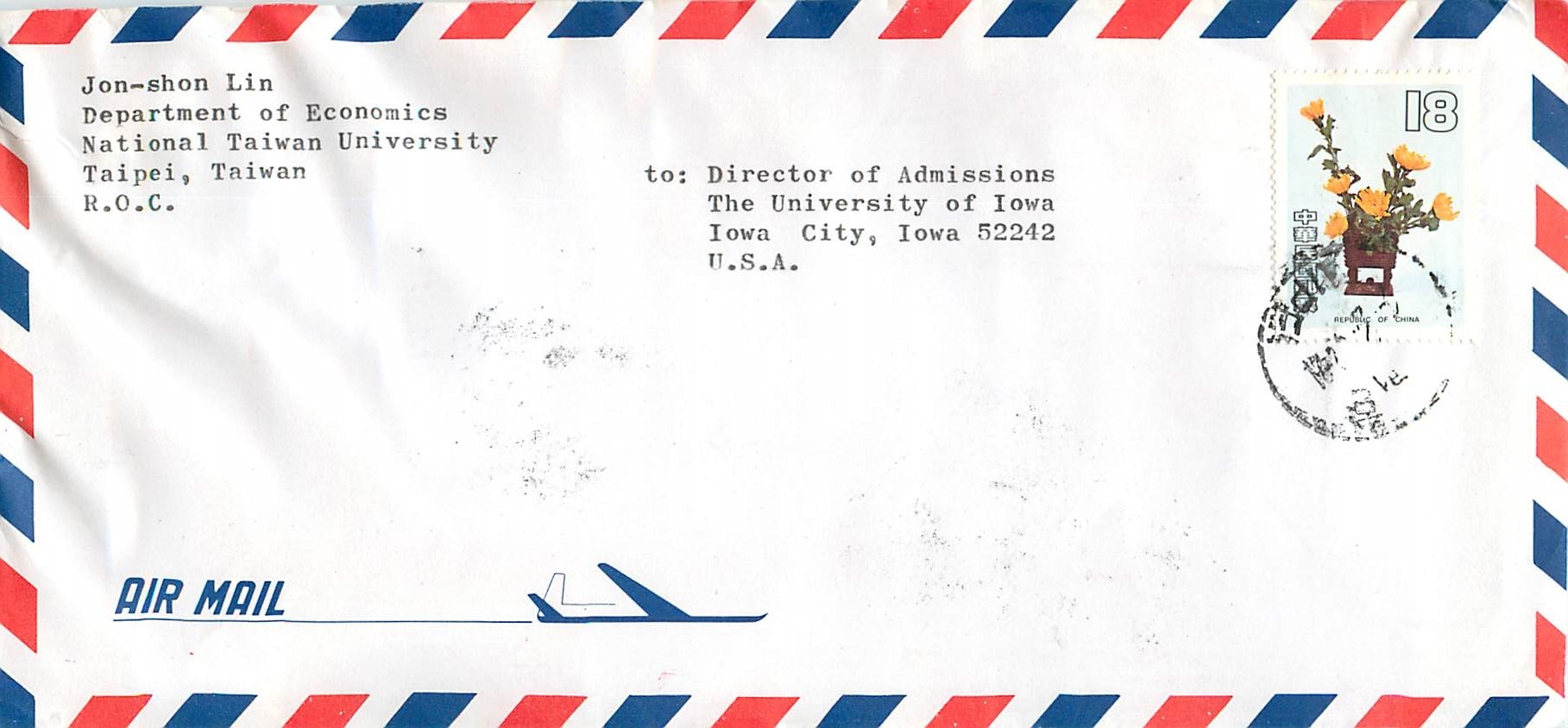 Lettre Cover Chine China University Iowa Chengchi