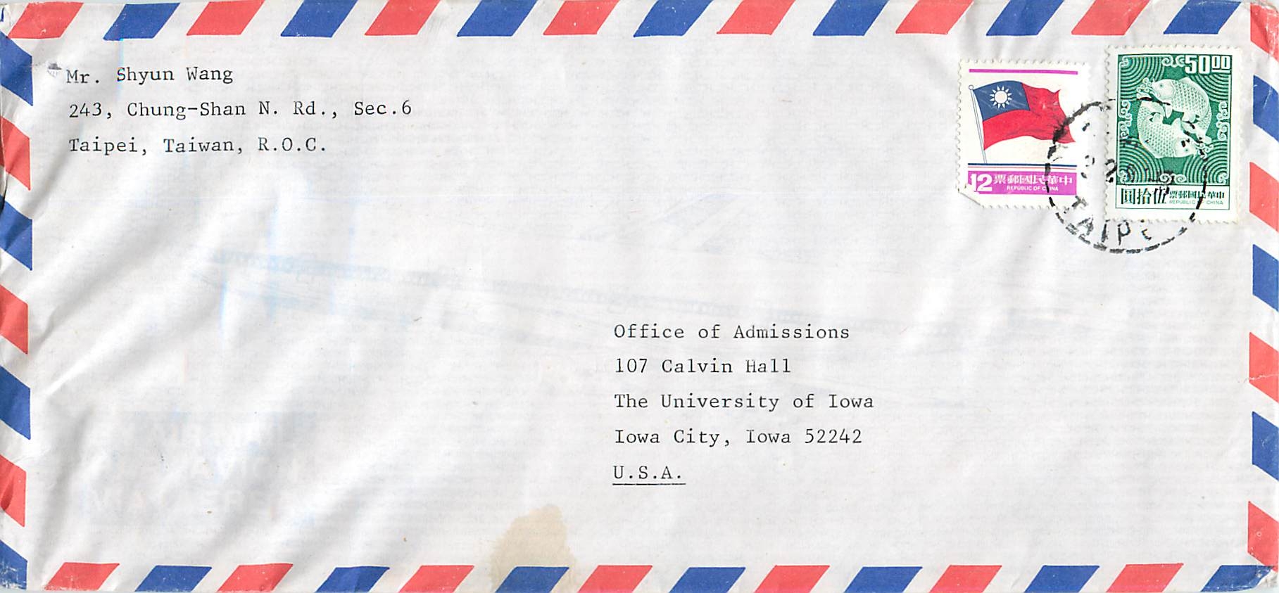 Lettre Cover Chine China University Iowa Chiao Tung