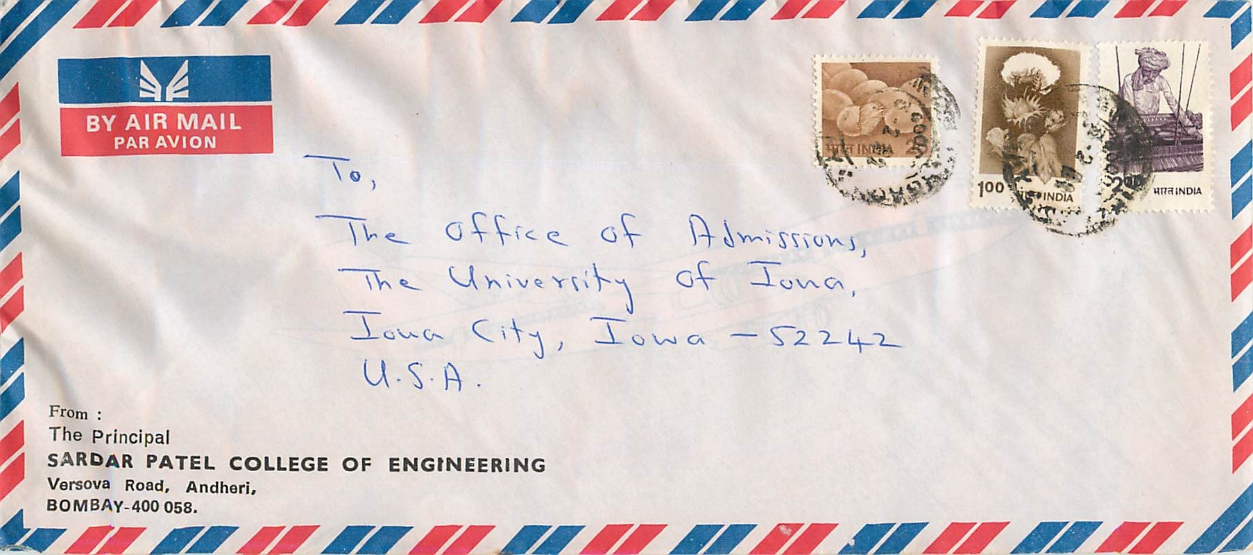 Lettre Cover Inde India University Iowa 