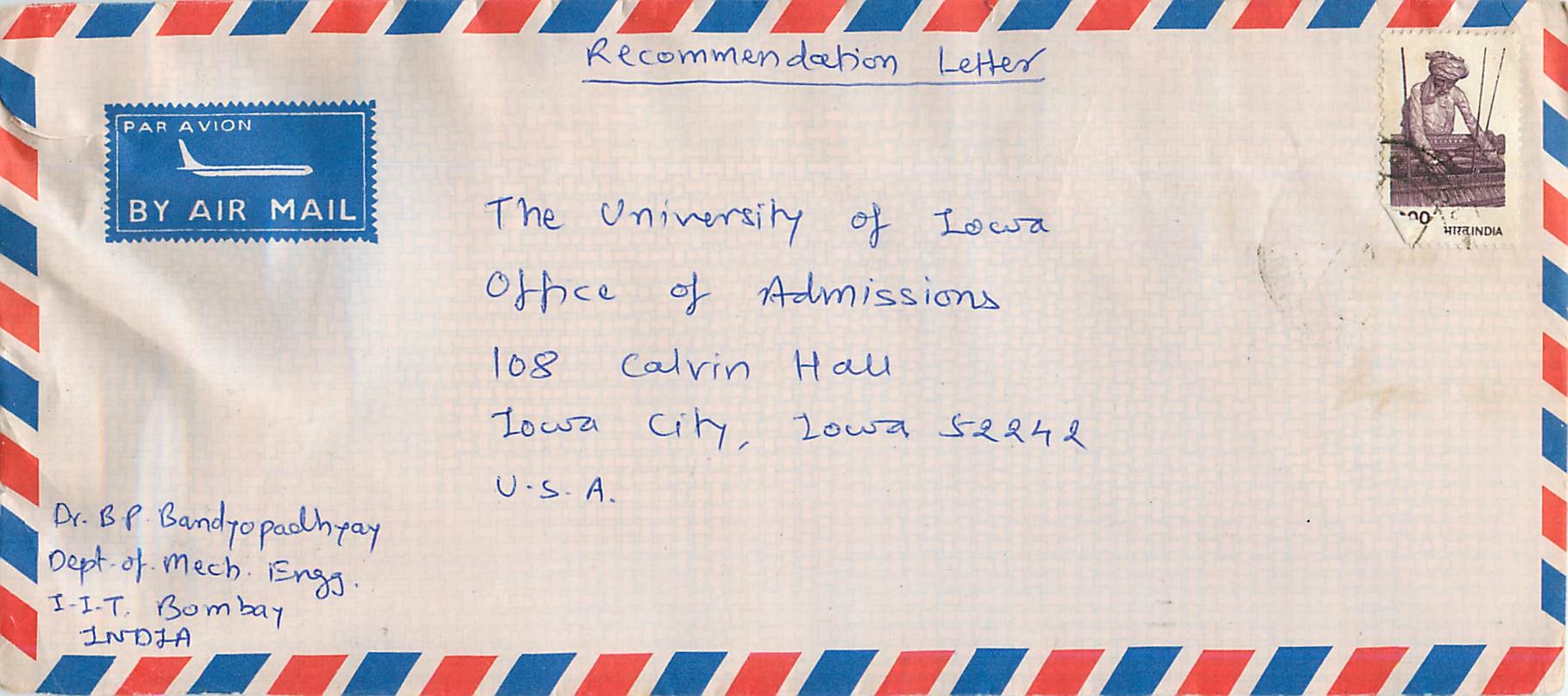 Lettre de recommandation — IIT Bombay à l'Université d'Iowa — timbre 20 p. Inde