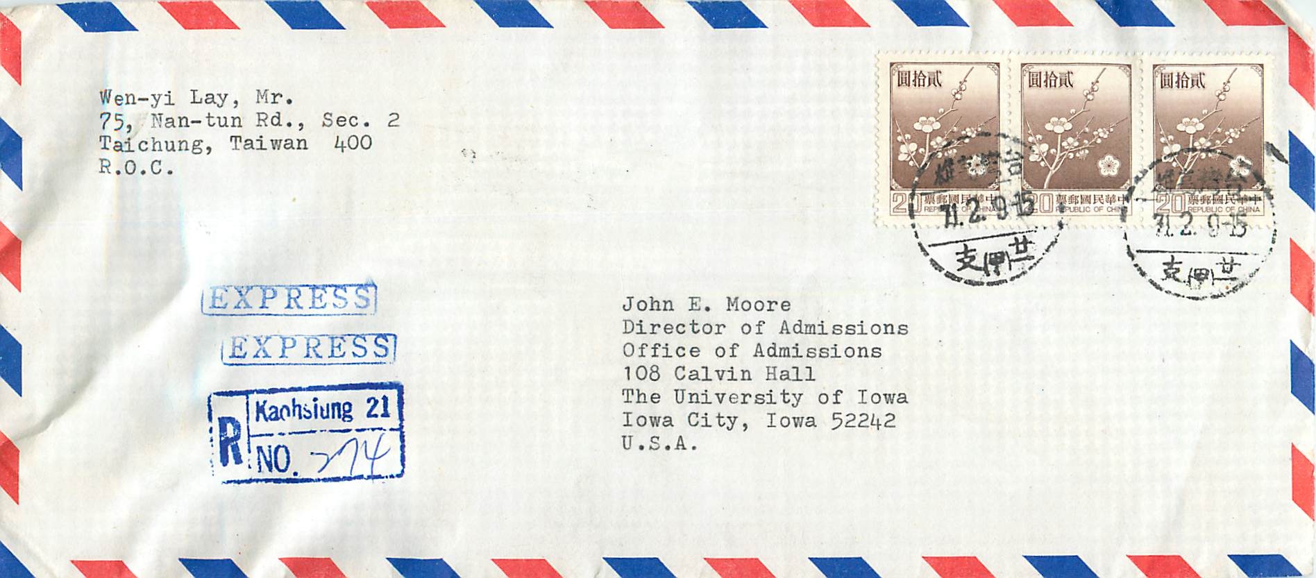 Lettre Cover Chine China University Iowa 