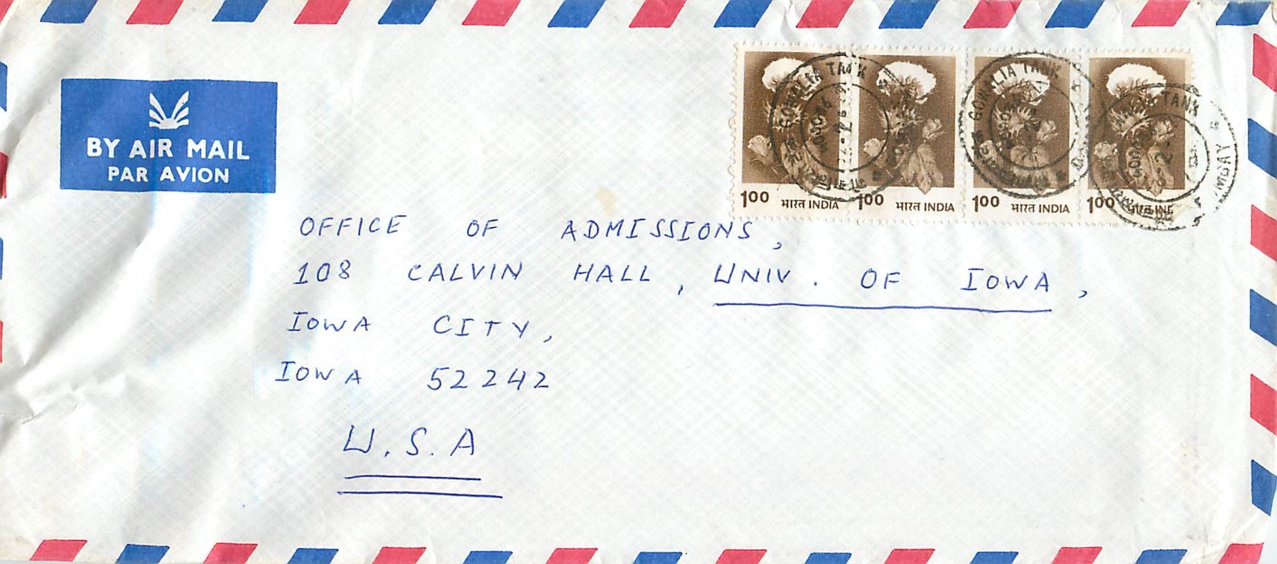 Enveloppe aérienne vers Iowa — Inde, 1960 — timbres 100 rps