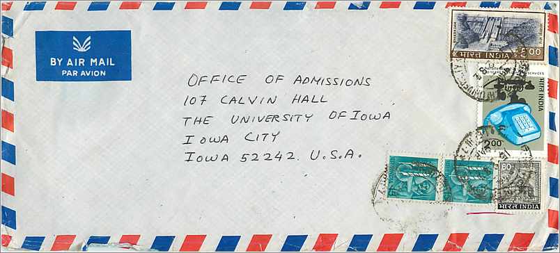Enveloppe aérienne vers Iowa City — timbres et cachet d'Inde