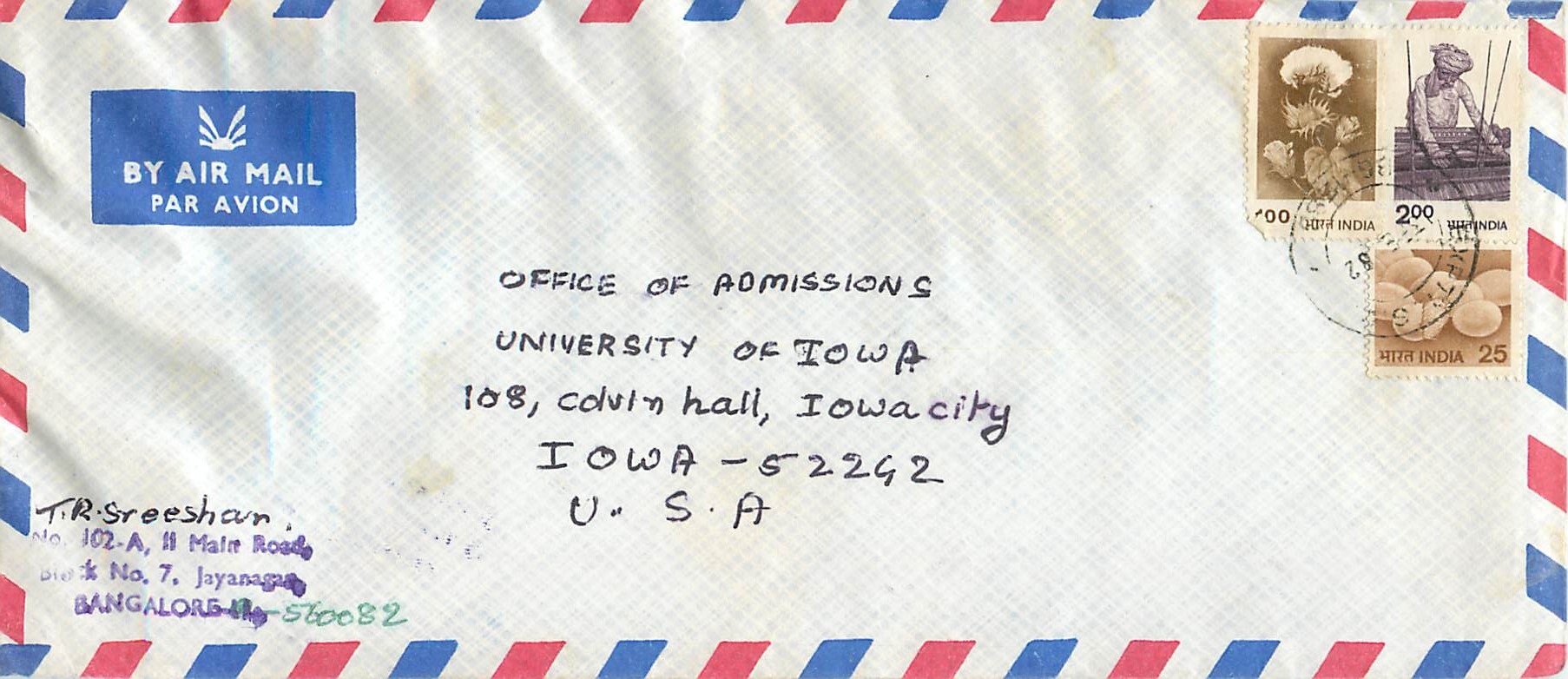 Lettre Cover Inde India University Iowa 