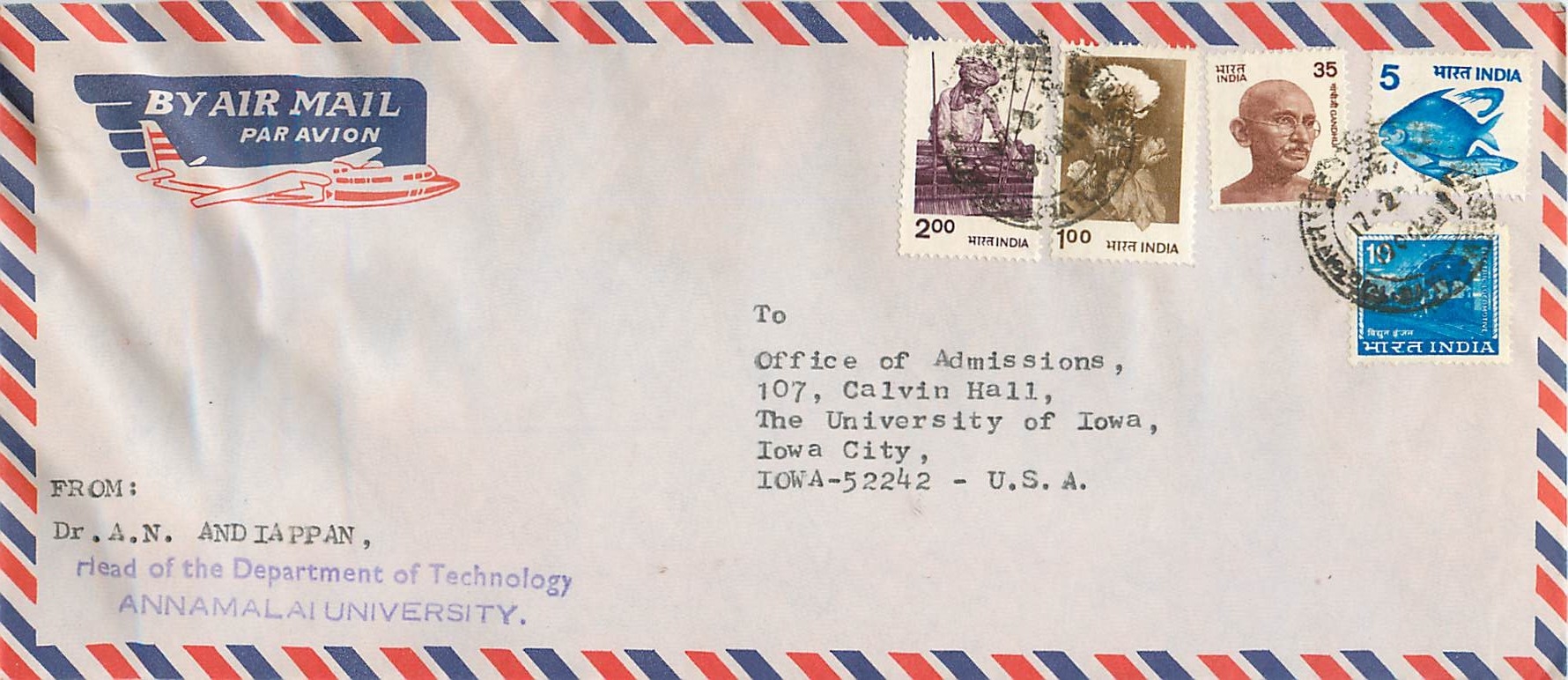 Lettre Cover Inde India University Iowa Gandhi Train