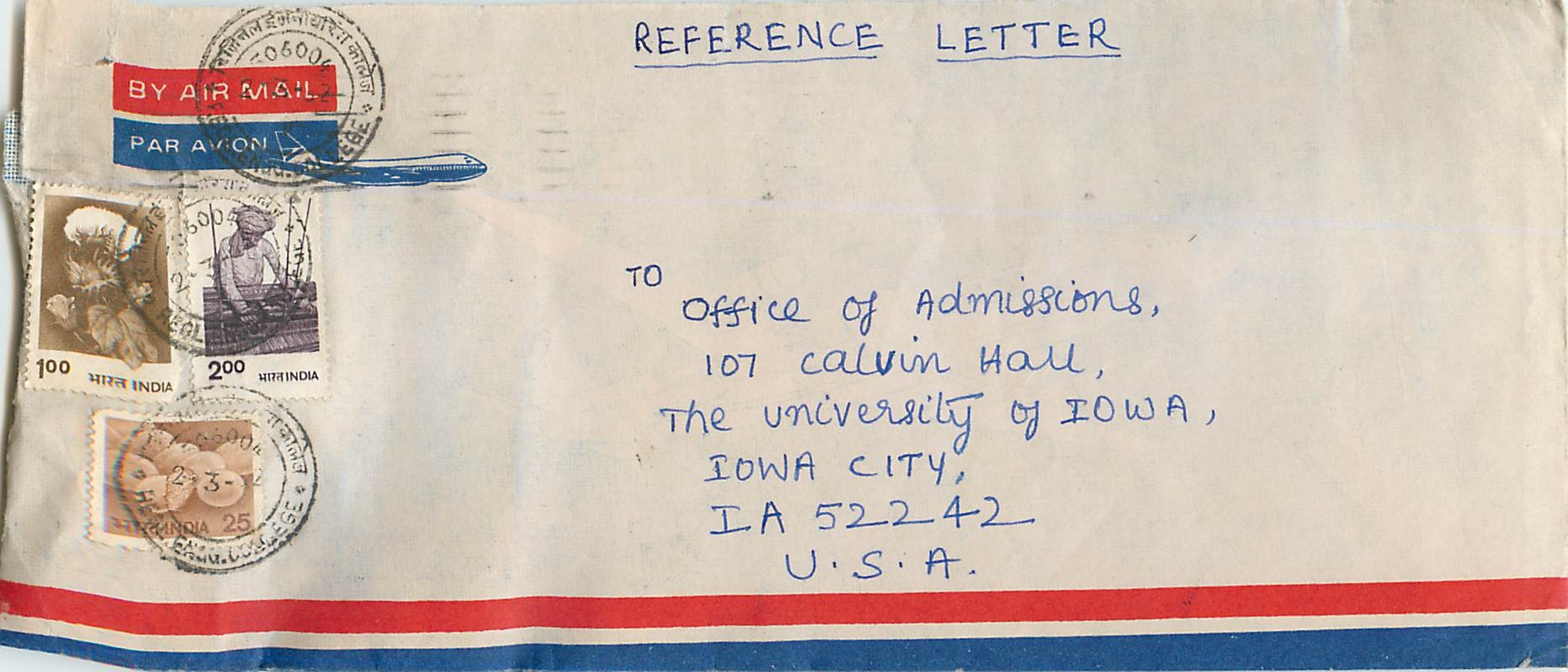 Carte postale aérienne — Lettre de référence — Waramangal (A.P.) à Iowa City (U.S.A.)