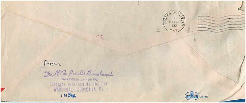 Carte postale aérienne — Lettre de référence — Waramangal (A.P.) à Iowa City (U.S.A.) — Back