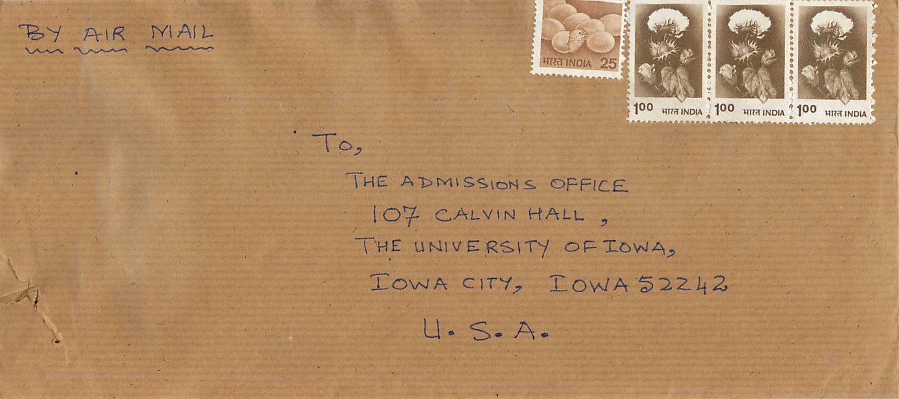 Lettre Cover Inde India University Iowa 