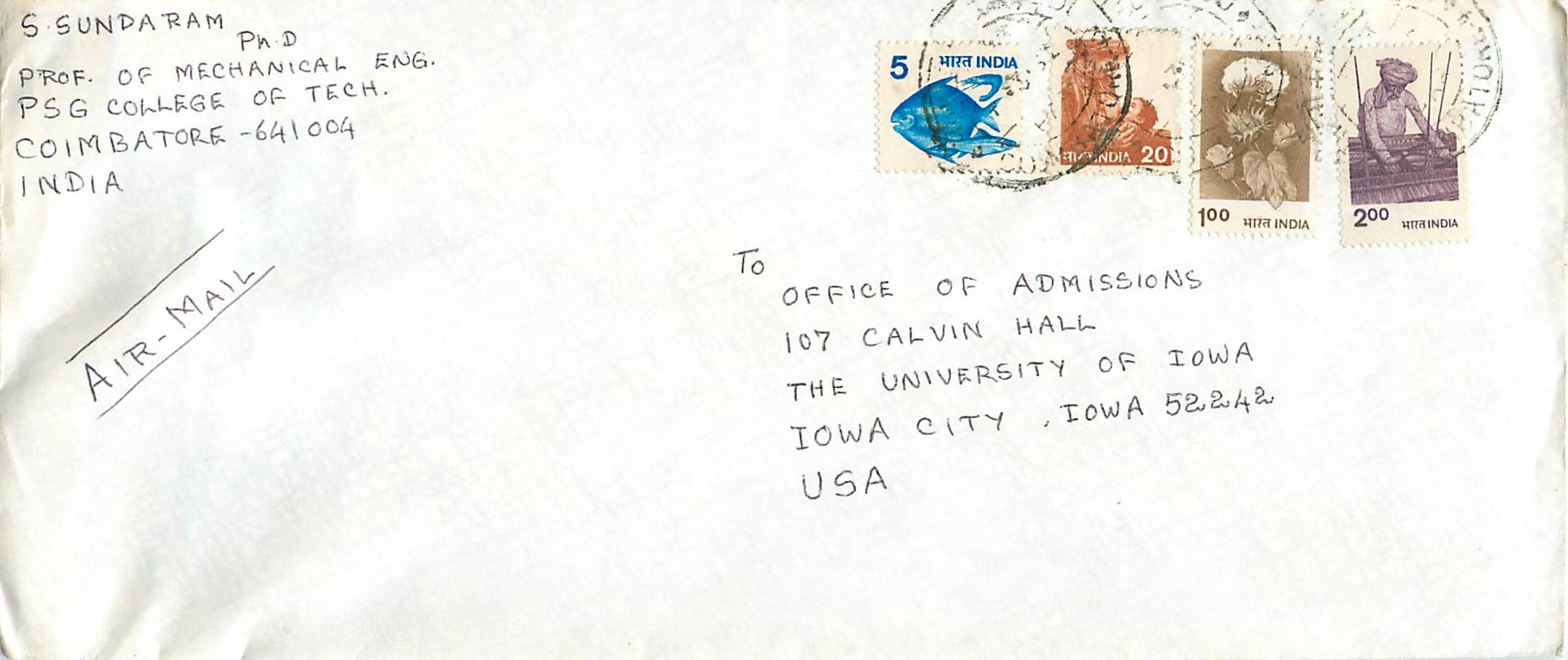 Lettre Cover Inde India University Iowa 