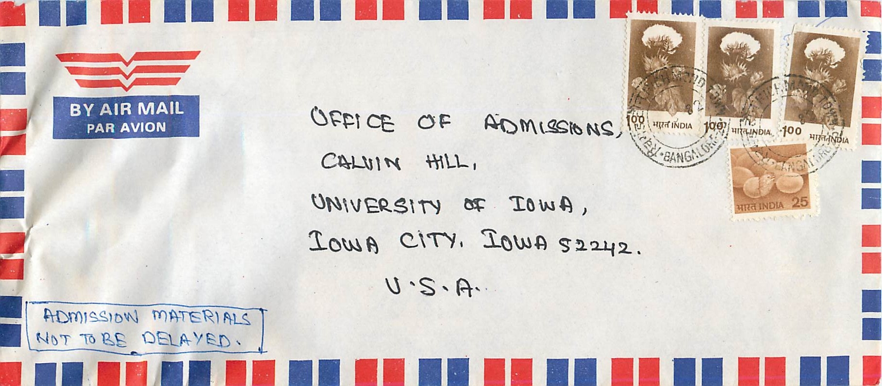 Lettre Cover Inde India University Iowa 