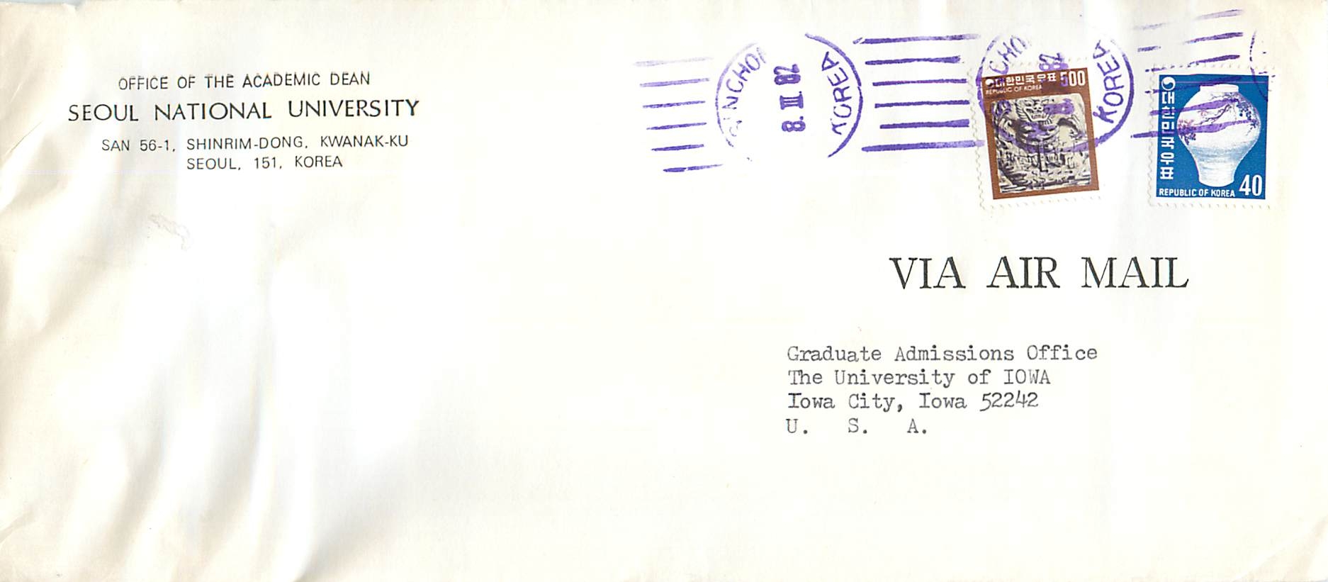 Lettre Cover Coree University Iowa Seoul