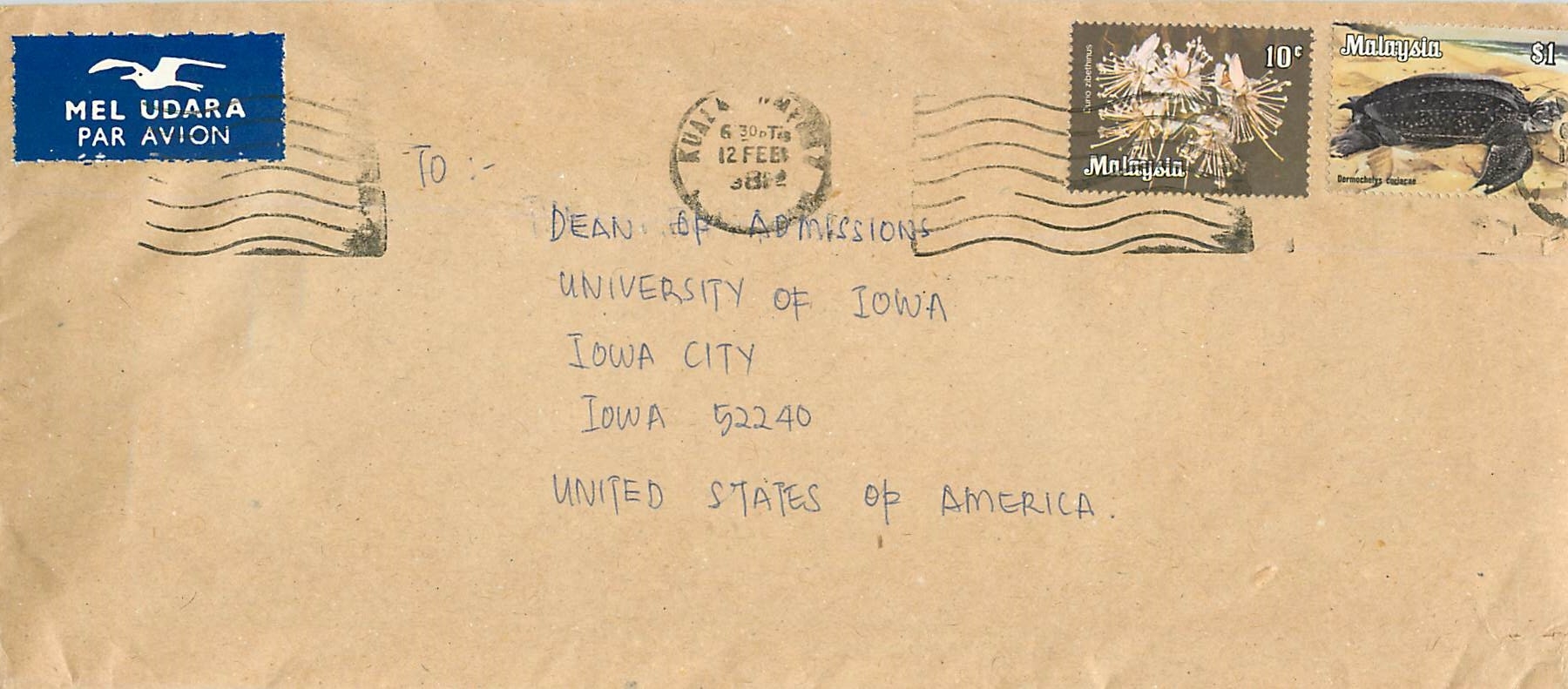 Lettre Cover Malaisie University Iowa Tortue Turtle