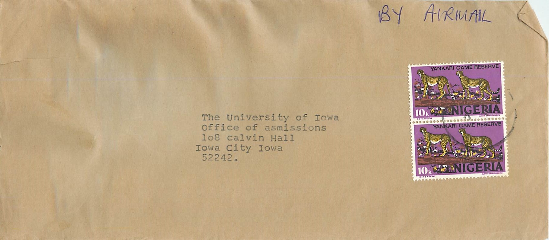 Lettre Cover for University of Iowa Nigeria Yankari Game reserive Guepard