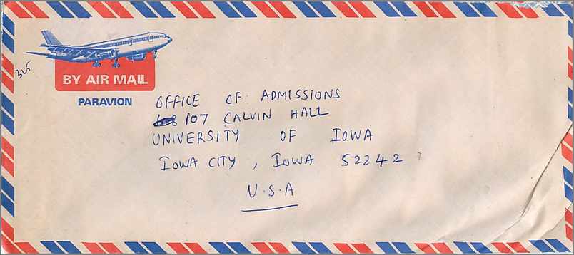 Carte postale aérienne — 13e Congrès international des sciences — Inde 1969 — destinée à l'Université d'Iowa, États-Unis — Back