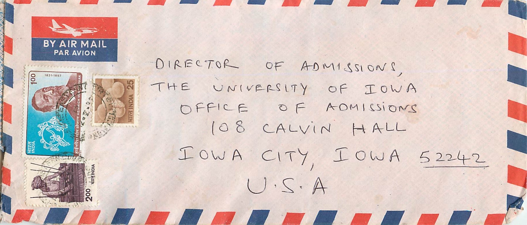 Lettre Cover for University of Iowa Inde India