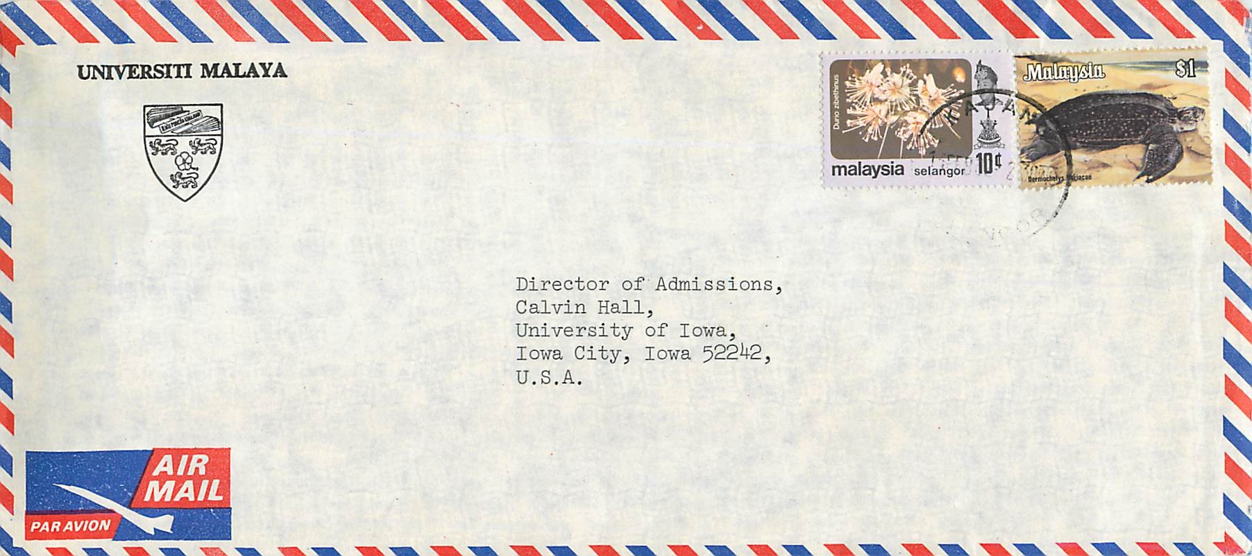 Lettre Cover for University of Iowa Malaysia Turtle