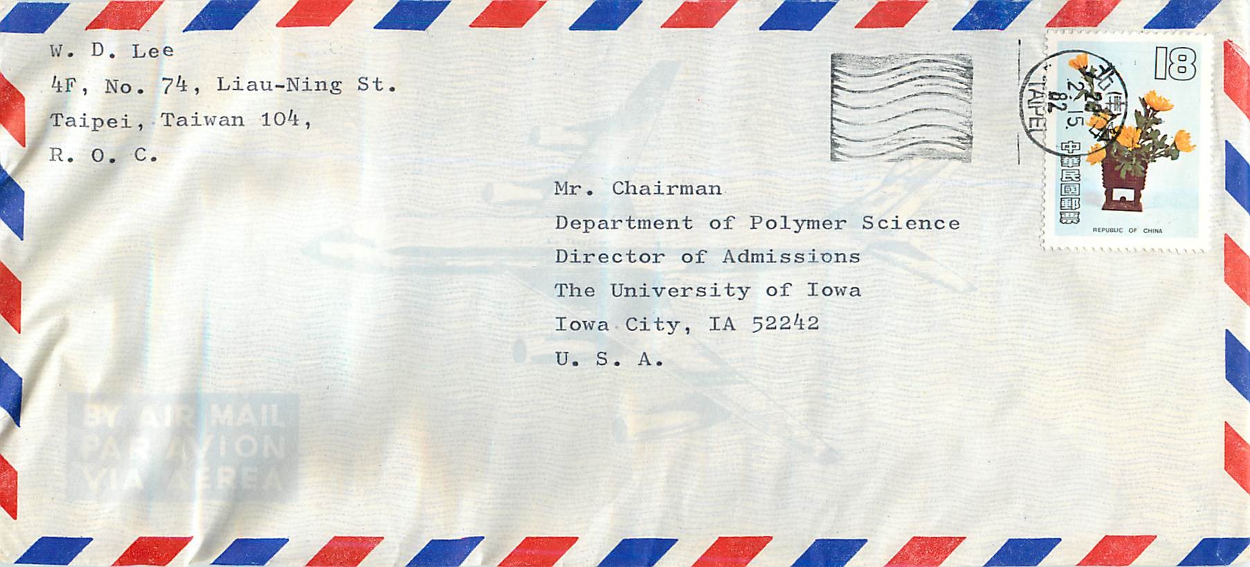 Lettre Cover for University of Iowa Chine