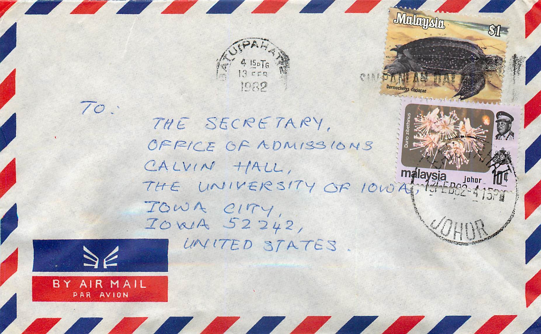 Lettre Cover for University of Iowa Malaysia Turtle