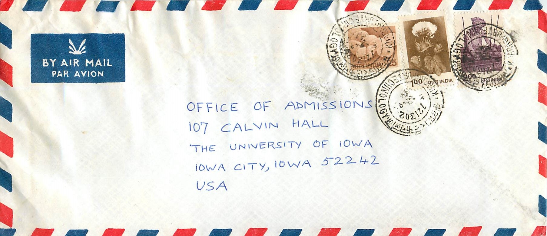 Lettre Cover for University of Iowa Inde India