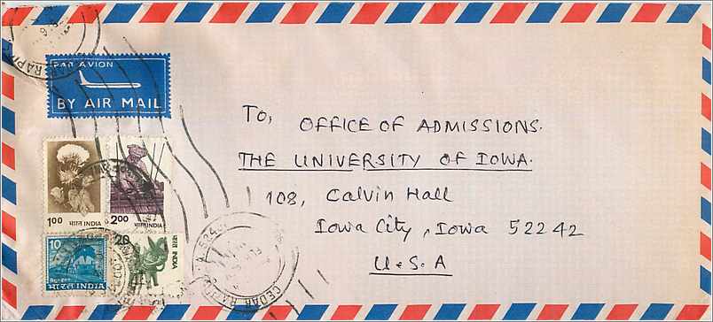 Lettre Cover for University of Iowa Inde India