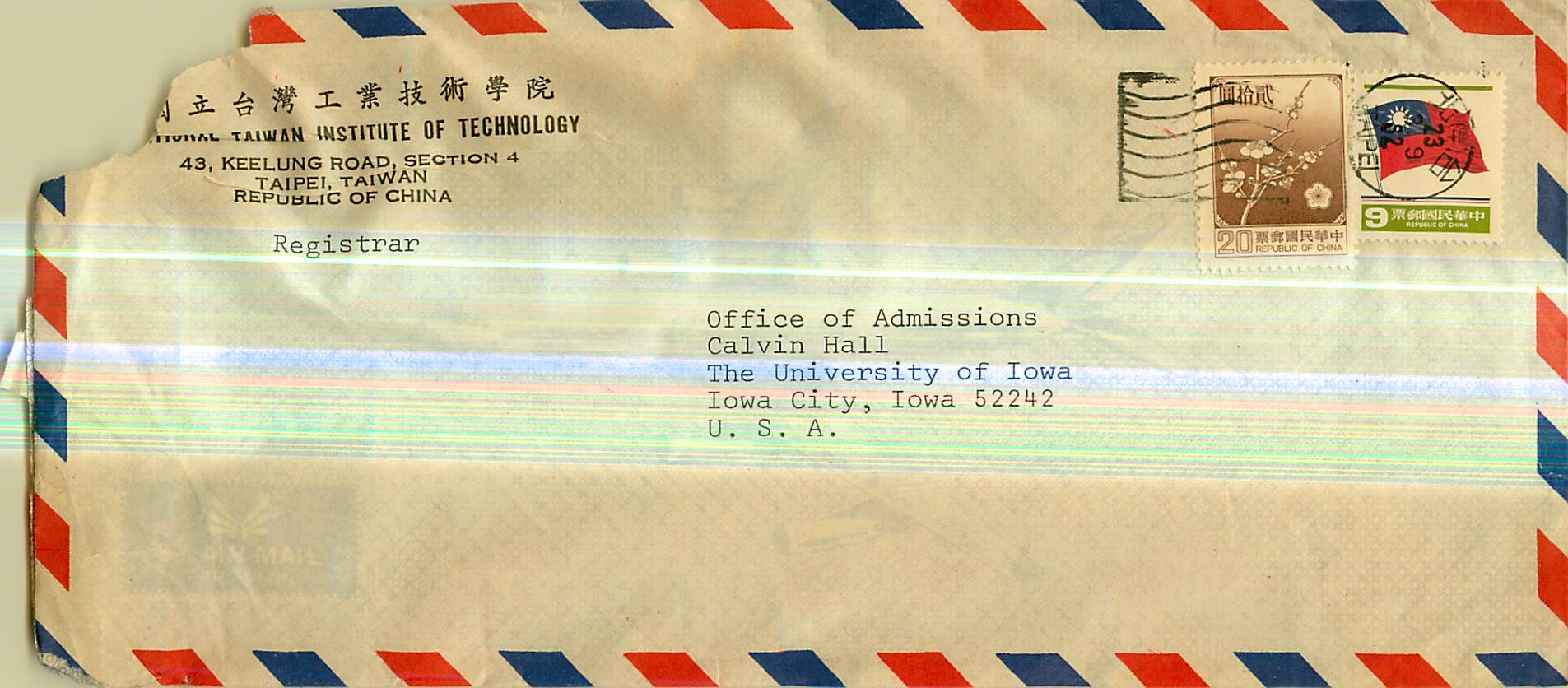 Air Mail Envelope — National Taiwan Institute of Technology, Taipei — addressed to the University of Iowa, Iowa City