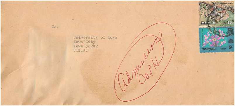 Lettre Cover for University of Iowa Malaysia Turtle