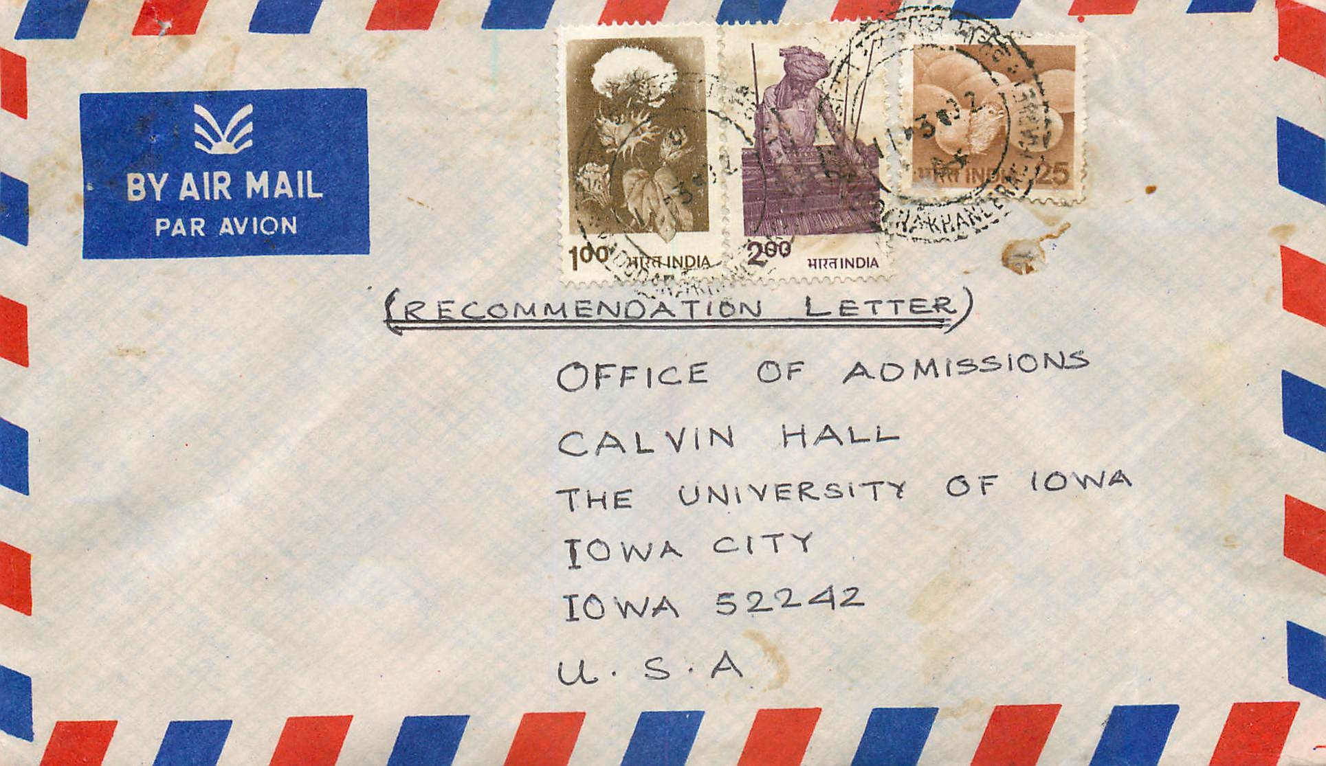Lettre Cover for University of Iowa Inde India