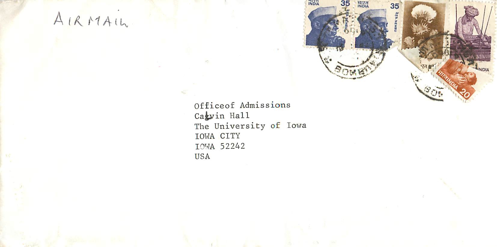 Lettre Cover for University of Iowa Inde India