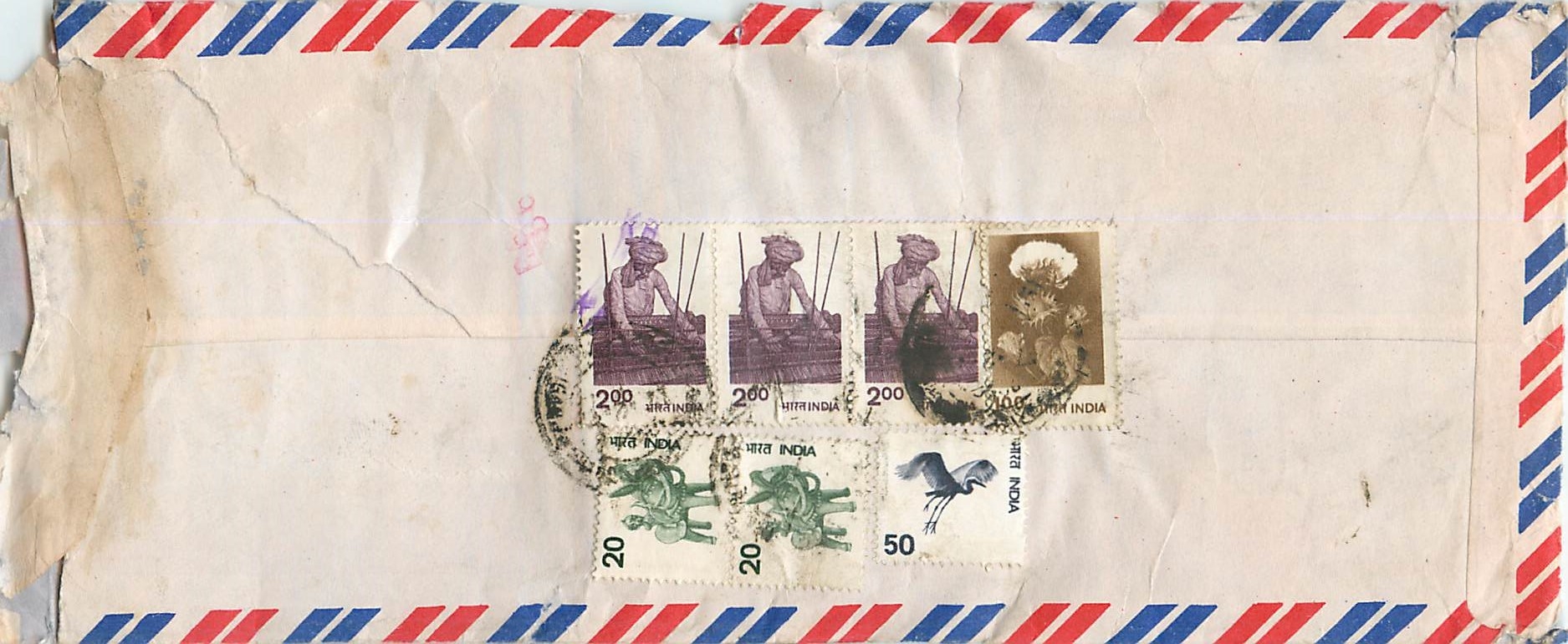 Enveloppe aérienne indienne — timbres et cachet — destinée à l'Université d'Iowa, Iowa City, États-Unis