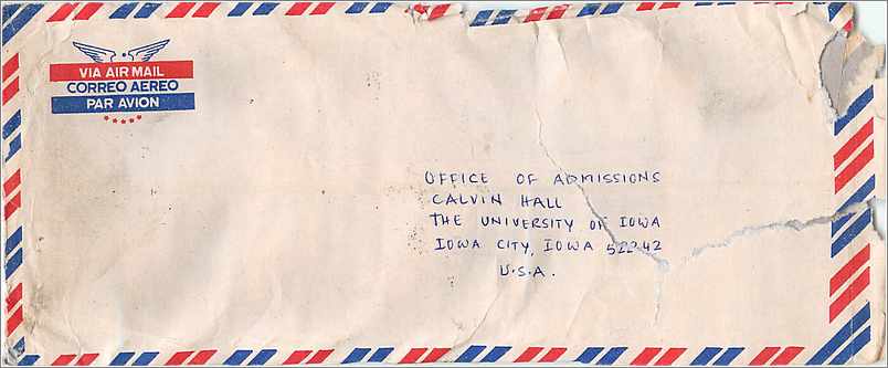 Enveloppe aérienne indienne — timbres et cachet — destinée à l'Université d'Iowa, Iowa City, États-Unis — Back