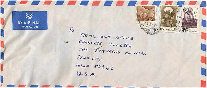 Lettre Cover for University of Iowa Inde India 