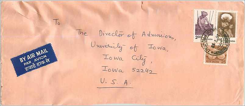Carte postale aérienne de Delhi à Iowa City — R. K. Kapoor — timbres 200 et 25 annes, oblitération Delhi