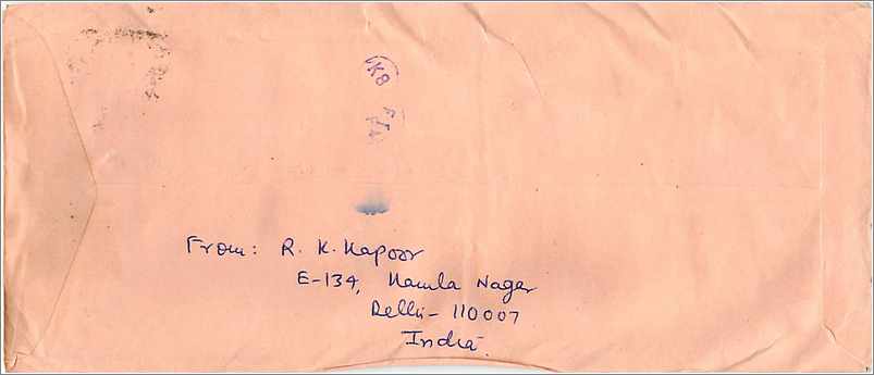 Carte postale aérienne de Delhi à Iowa City — R. K. Kapoor — timbres 200 et 25 annes, oblitération Delhi — Back