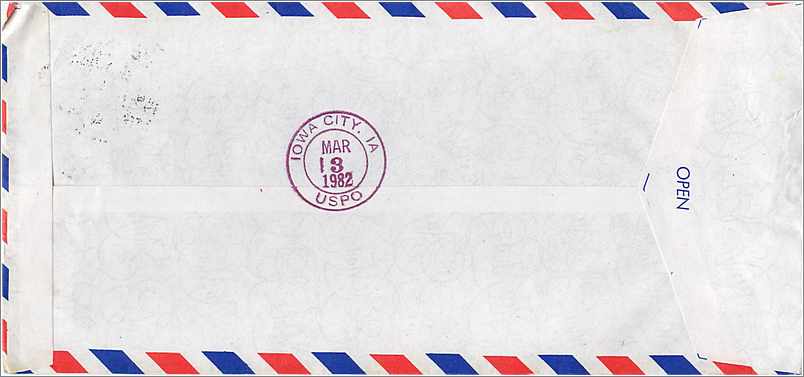 Lettre Cover for University of Iowa Chine — Rückseite