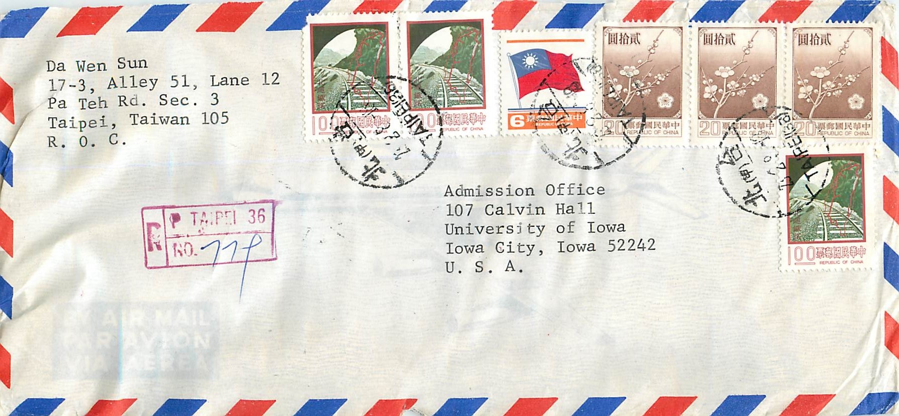 Taipei — Air Mail to the University of Iowa — publisher not visible