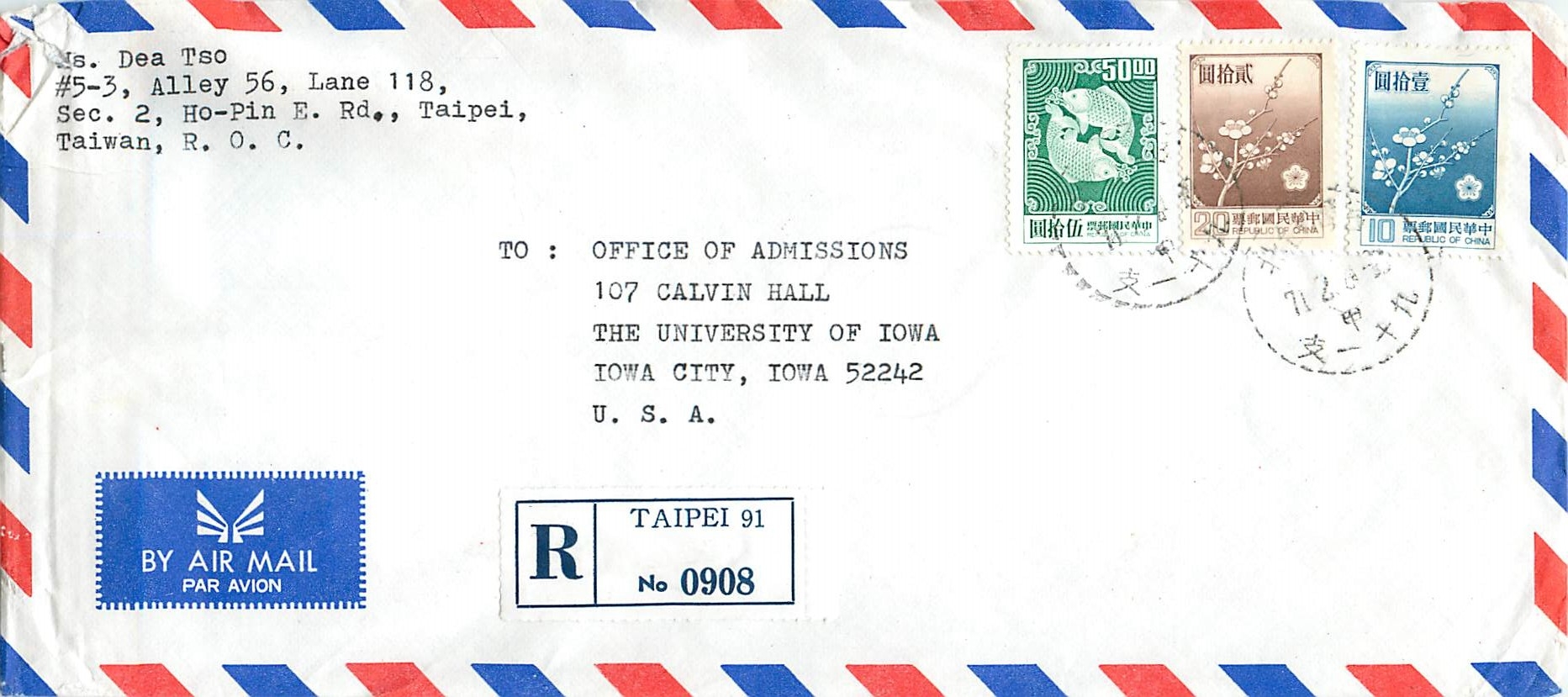 Taipei — Air Mail to the University of Iowa — Admissions Office — 1982